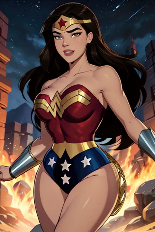 Natural Beauty, Masterpiece, Hailee Steinfeld, Perfectly Accurate Face Proportion, Realistic Light Brown Eyes, Thick Eyebrows, Wonder Woman, Wonder Woman Tiara, Big Breast, Curve Wide Hips, Toned Thighs, Toned Arms, Grin On Her Face, Defensive Pose Highlighting Curves: Wonder Woman stands firmly with her shield in front. The tight suit outlines the curves of her back and the powerful shape of her legs. Her stance, with one hand ready to draw her lasso, further accentuates the snug fit, emphasizing her hourglass figure. Night city 
