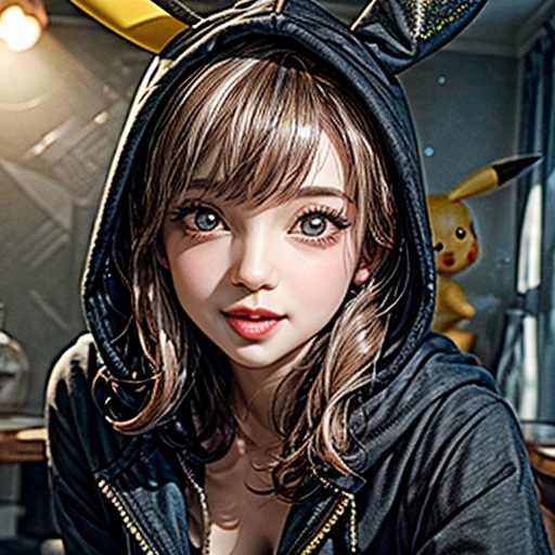 (Girl in ((Yellow)) Pikachu hood), (naked hoodie, hood loosely open) . masterpiece 8K best quality, (RAW PhotoRealistic HyperRealism:1.37) Ultra-detailed, (Acutance:0.85), VolumetricLighting, Studio gray background with (Blurred colorful Lights dazzling bokeH:1.28), { (Overflowing Gigantic Cleavage;1.2) | (Golden ray illuminating face) | (Photon Particles:0.95) } . BREAK . (((Extremely detailed KAWAII face))), perfect anatomy, Childish, CaptivatingGaze, Elaborate detailed Eyes with (Sparkling Highlights:1.28), Beautifull Pupils, (Voluminous Long Eyelashes:0.88)、Glossy Lips, Rosy Cheeks, (Flawless FineSkin, Radiant PearlSkin with Transparency), Shiny SilkyHair . { (joyful expressions:1.28) | (:d) }, (Large eyes:-1) . (leaning forward)