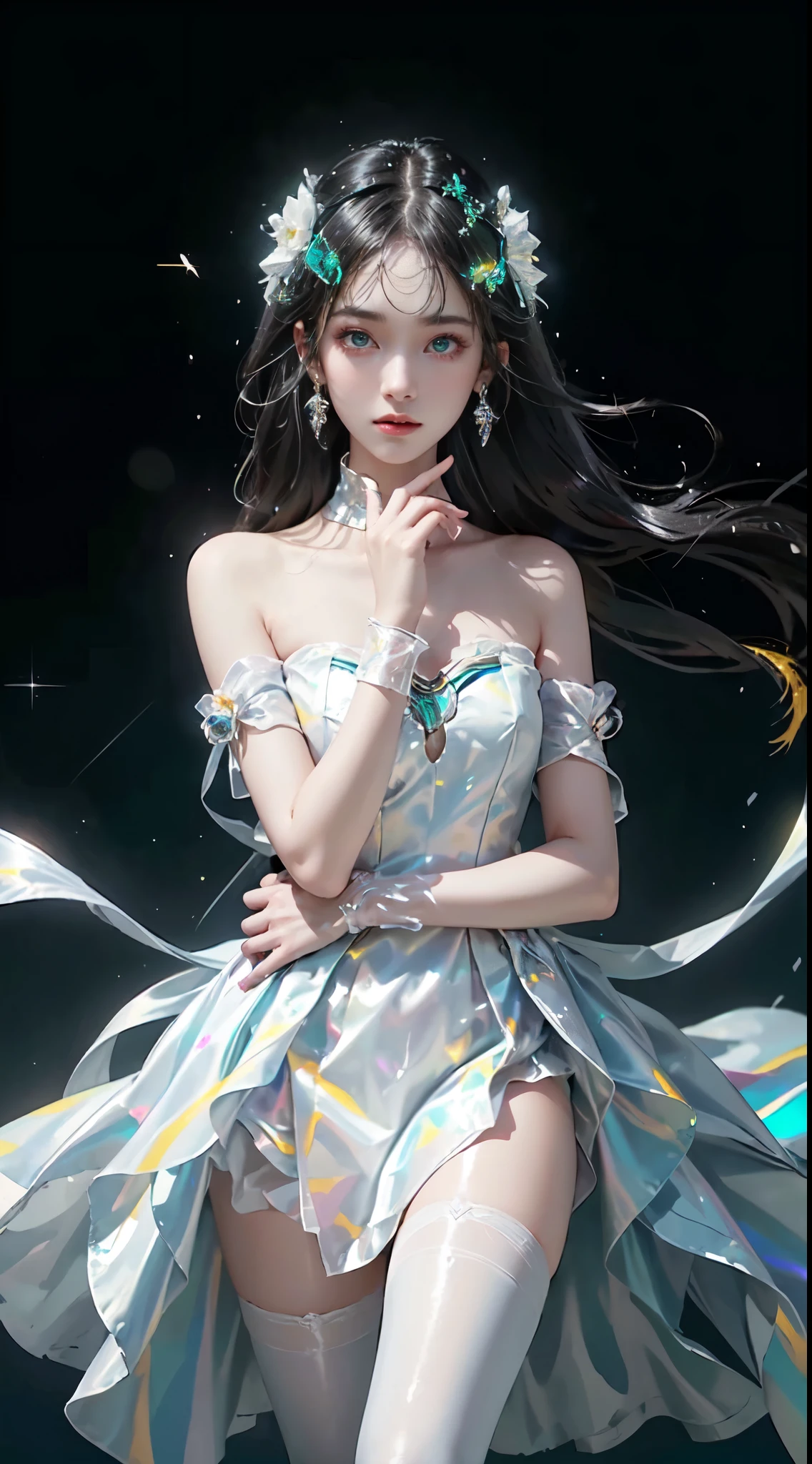 strapless dress,bow, yellow dress,white thighhighs,blue ribbon, laser,leishe,Fluorescent Color, 1 girl, Look to the side, Pretty Face, beautiful eyes, ((Bare shoulders)), ((cowboy shot)), Shiny hair, Glowing skin, Reduce glare emissions, The fingers are in good proportion, dark, View, Dynamic angle, (((Main part))), (((Better quality))), ((Super detailed)), (illustration), (Detail Light), ((Extremely exquisite and beautiful)), Dramatic_shadow, Rays_track, reflection, Ultra-high resolution, 一个女人在dark地方行走，Sparkling snowflakes and small light spots around, Your black hair flutters in the wind, Bright green eyes looking at red tulips，周围有shining butterflies, Black-haired woman, Woman in a dark place，Snowflakes full of light and sparkle, shining butterflies, Black-haired woman, Points of light around a woman, Magic Aura, Green eyes, A supernatural aura, super Magic Aura black hair woman