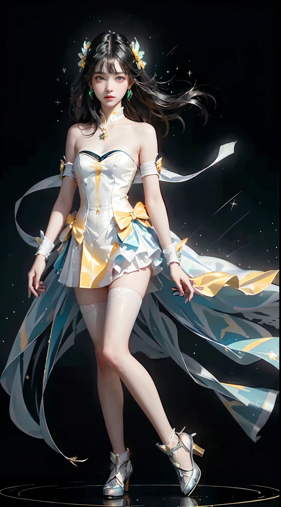 strapless dress,bow, yellow dress,white thighhighs,blue ribbon, laser,leishe,Fluorescent Color, 1 girl, Look to the side, Pretty Face, beautiful eyes, ((Bare shoulders)), ((full body)), Shiny hair, Glowing skin, Reduce glare emissions, The fingers are in good proportion, dark, View, Dynamic angle, (((Main part))), (((Better quality))), ((Super detailed)), (illustration), (Detail Light), ((Extremely exquisite and beautiful)), Dramatic_shadow, Rays_track, reflection, Ultra-high resolution, 一个女人在dark地方行走，Sparkling snowflakes and small light spots around, Your black hair flutters in the wind, Bright green eyes looking at red tulips，周围有shining butterflies, Black-haired woman, Woman in a dark place，Snowflakes full of light and sparkle, shining butterflies, Black-haired woman, Points of light around a woman, Magic Aura, Green eyes, A supernatural aura, super Magic Aura black hair woman