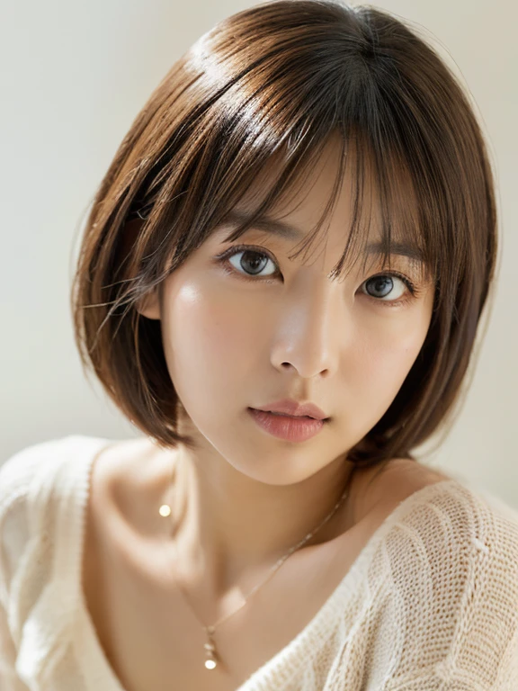 ((table top,highest quality)), (photo-realistic:1.4),((table top,8K))、((close up of face:1.6))、white wall、(white room)、((full body photo))、Photographed in natural light、Highly detailed face and skin texture、highly detailed lips、correct state of the human body、ultra high resolution、(Photoreal:1.4)、highest quality, 1 beautiful woman, 38 years old, s, 150mm lens、light yellow knit、(dark brown medium short hair)、japanese woman、(dark brown hair)、Various poses、look at the camera、natural color lip、In underwear、 necklace、indoor