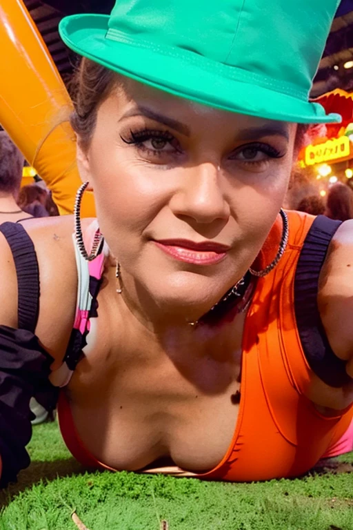 Objective: Capturing a mesmerizing duo in an epic, cinematic setting at a vibrant balloon carnival.
Neon orange attire: Two stunning women, dressed in neon orange outfits, featuring exaggerated curves, wide trapezoidal hips, and narrow triangular waists. Their attire is adorned with bio-translucent slime, lime inflatable parts, and big puffy sleeves, further emphasizing their bottom-heavy, superior physique.
Personality: Radiating confidence, these women are the epitome of womancore. They exude an air of charisma and allure, making them drop
