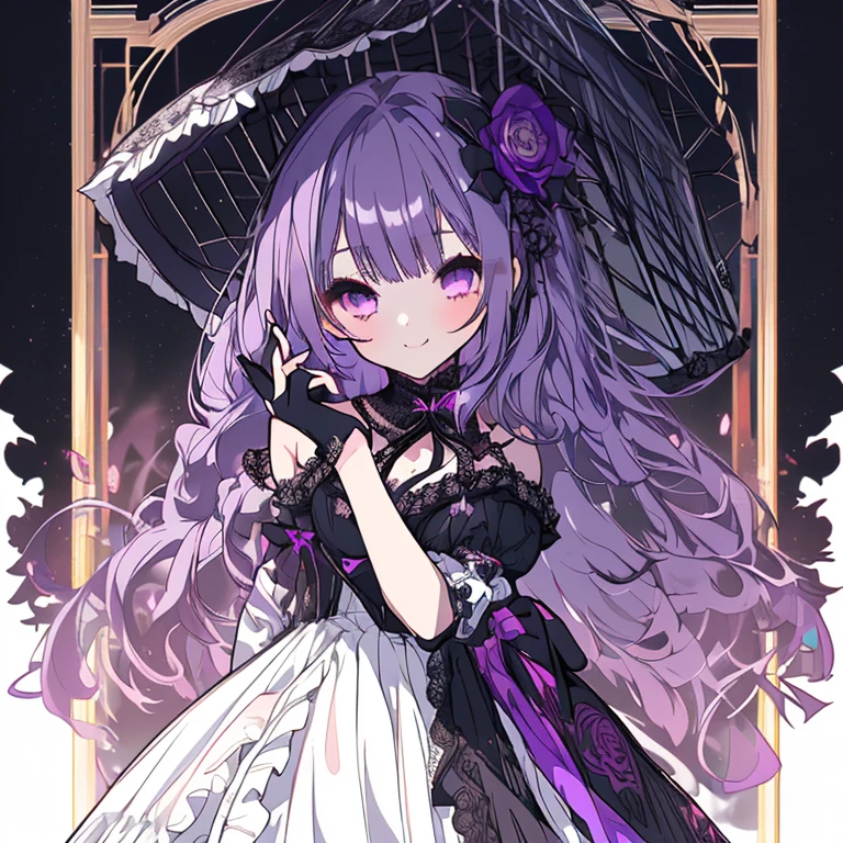 1 girl、Mature、Ample breasts、Purple Hair、Long Hair、Drill curl long hair、A seductive smile、Black Dress、Shoulder Bare、Ribbon on chest、Lolita Dress、Holding a frilly parasol、In the rose garden、Lady、lace fabric gloves、gorgeous、High resolution、highest quality