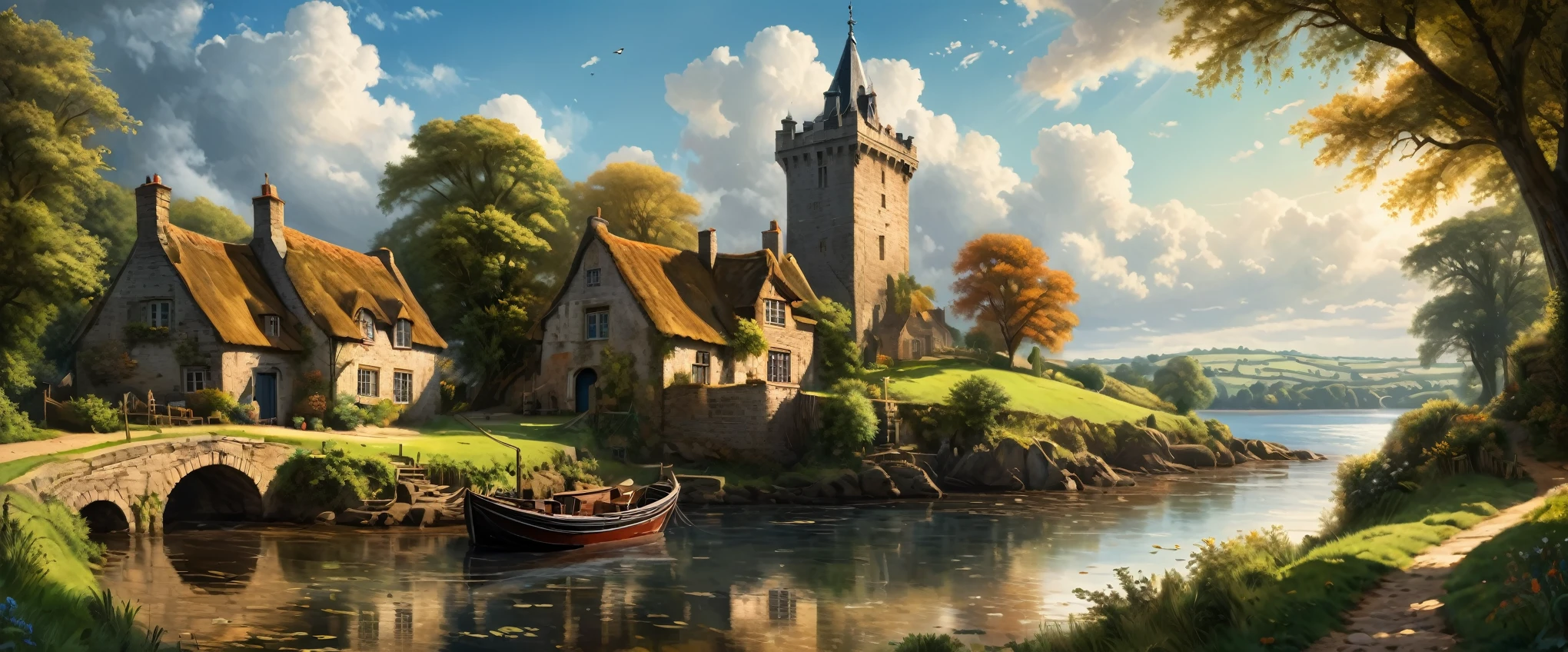 a beautiful detailed countryside landscape, rolling green hills, a magnificent old Castle on the coast, village with thatched roof cottages, cobblestone streets, fishing boat mored in the harbour, a majestic Clock tower, fluffy clouds in a blue sky, warm golden sunlight, intricate foliage details, charming rustic atmosphere, (best quality,8k,hyperrealistic,masterpiece:1.2),incredibly detailed,ultra-detailed,photorealistic,cinematic lighting,dramatic shadows,vibrant colors,oil painting,by John Constable,extremely aesthetic compositio
