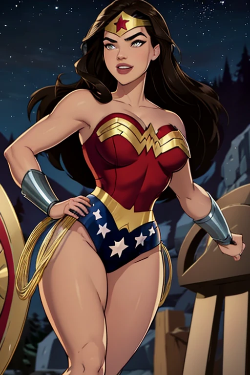 Natural Beauty, Masterpiece, Hailee Steinfeld, Perfectly Accurate Face Proportion, Realistic Light Brown Eyes, Thick Eyebrows, Wonder Woman, Wonder Woman Tiara, Big Breast, Curve Wide Hips, Toned Thighs, Toned Arms, Grin On Her Face, Defensive Pose Highlighting Curves: Wonder Woman stands firmly with her shield in front. The tight suit outlines the curves of her back and the powerful shape of her legs. Her stance, with one hand ready to draw her lasso, further accentuates the snug fit, emphasizing her hourglass figure. Night city