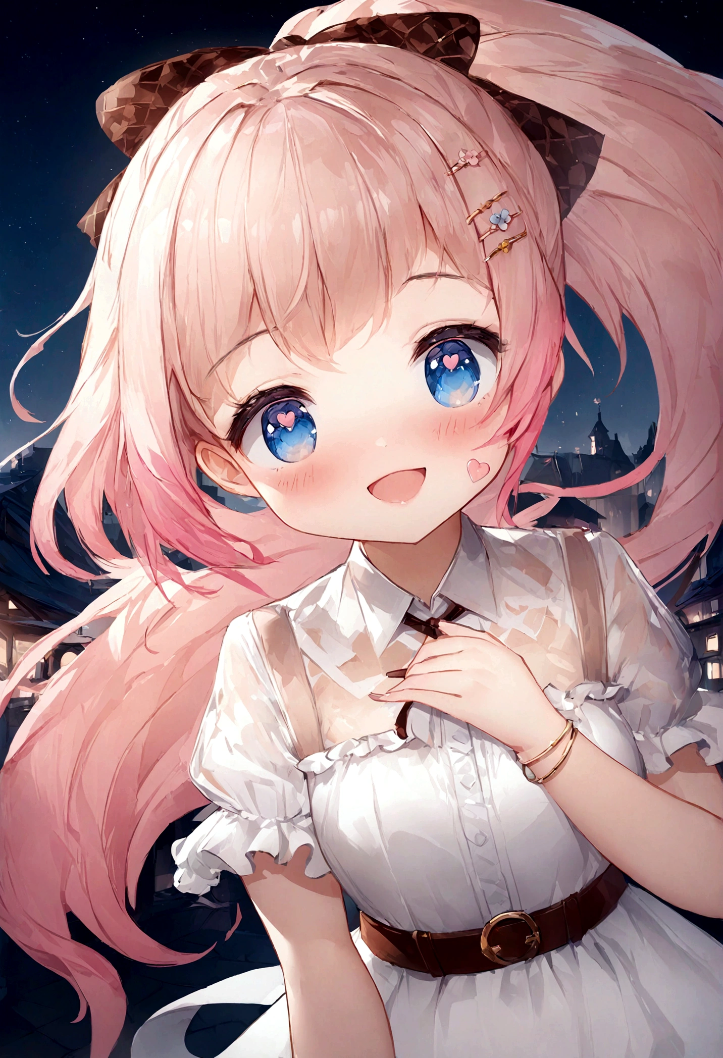  break, artwork in the style of Gweitz, Gweitz on pixiv artstation, Gweitz on artstation pixiv, Gweitz,  Soft anime illustration, Cute girl anime visuals, Detailed digital anime art,ponytail、Glossy blonde、Three flower-shaped hairpins on the left sideburn、blue eyes、Droopy eyes、Shining Eyes、smile、Open your mouth、Wearing a dress、A thick brown belt under the chest,16-year-old girl, change, alone, 明るいsmile, Transparent clothes, White clothes、A small pink heart-shaped tattoo on the left cheek、Fine grain、ragged bangs、Pink Hair、Blush and redness、Gradient Hair、Ample Bust、Perfect Face、Big hair ribbon、Short sleeve、Ruffle sleeves、Collared shirt、Uniform ribbon、Hair hanging down behind the ears、Grab your sideburns with your right hand、Vertical line of the chest、Ruffles and patterns、Brown bracelet、round face、night、Town、illumination