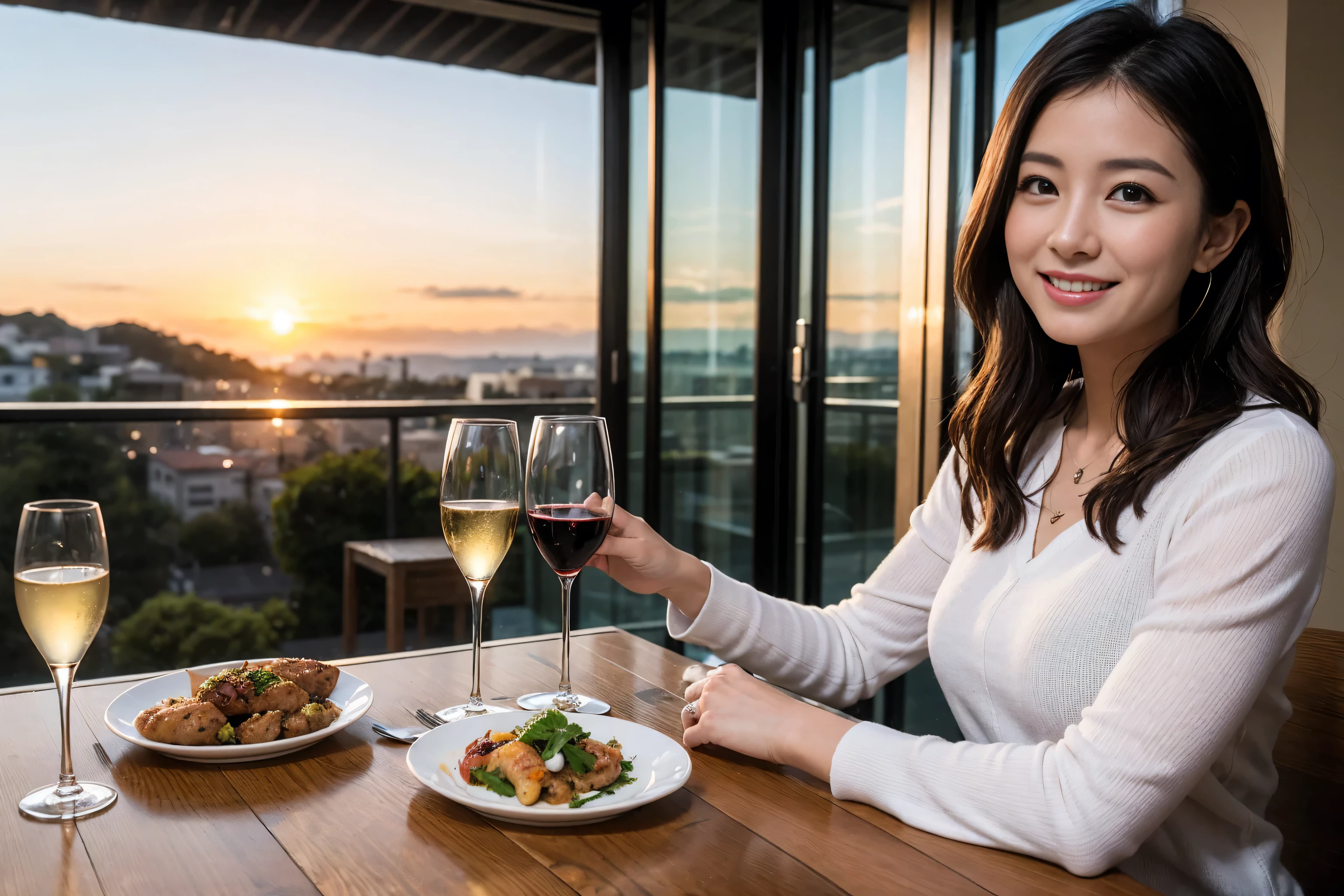 ((highest quality、8k、masterpiece:1.3))、A lover who resembles Haruka Ayase、Beautiful couple、smile、full-course dinner、 (Slim face), (the body is スリム), (Brown Hair), (Short Hair), Wine glasses on the table、Amazing view of the sunset sky and clouds、 (Age 44), 39 years old, red wine 、Appetizers、Italian food、Wine bottle、Champagne、sparkling wine、Long sleeve shirt、dress、White wine, red wine, 