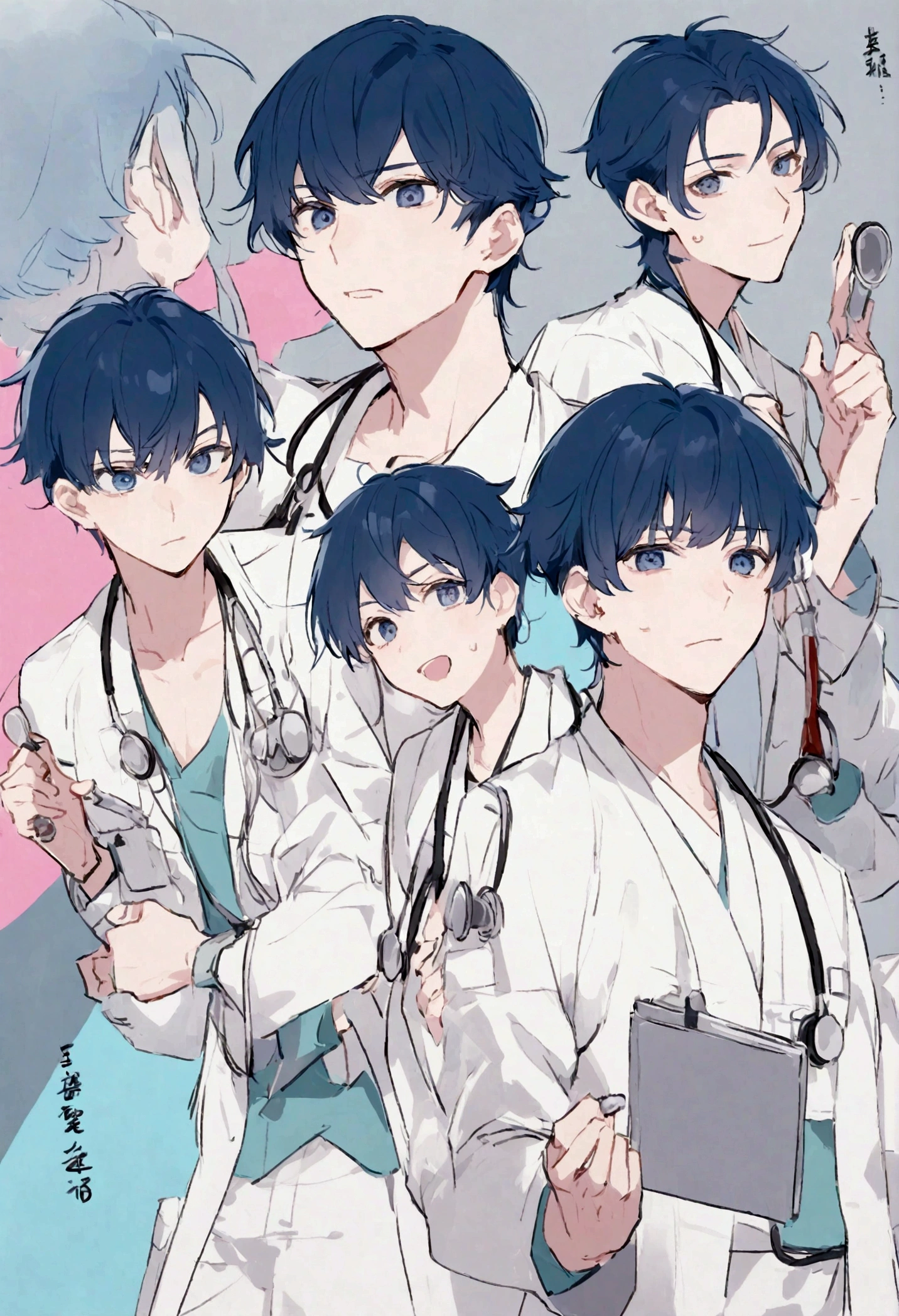 short blue hair male, dark blue eyes, doctor's outfit, stethoscope, oriental medicine hospital, cool