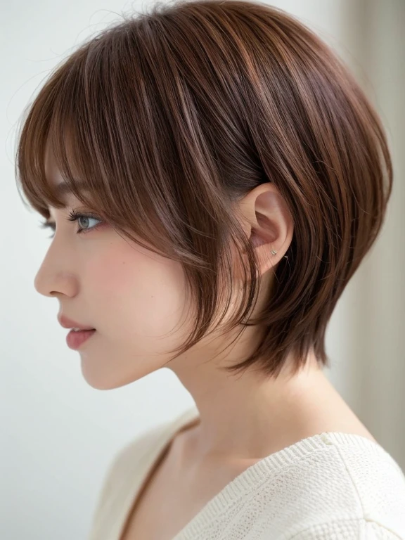 Taken in front of the white door、(8K、Raw photo、highest quality、masterpiece:1.2)、High-definition RAW color photo、professional photos、(realistic、Photo realistic:1.37)、Shot in natural light、1 girl、laughter、(Versatile poses)、squat、squat、break (Ombre:1.3) 、Winter clothes、 necklace、(pastel clothing)、(Beautiful profile:1.3)、Don't look at the camera、profile、shortcut、((brown hair)、short hair、Eye color dark brown、(Beautiful profile:1.3)、correct hand of human body、Large piercings