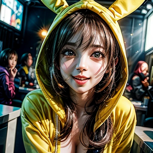 (Girl in ((Yellow)) Pikachu hood), (naked hoodie, hood loosely open) . masterpiece 8K best quality, (RAW PhotoRealistic HyperRealism:1.37) Ultra-detailed, (Acutance:0.85), VolumetricLighting, Studio gray background with (Blurred colorful Lights dazzling bokeH:1.28), { (Overflowing Gigantic Cleavage;1.2) | (Golden ray illuminating face) | (Photon Particles:0.95) } . BREAK . (((Extremely detailed KAWAII face))), perfect anatomy, Childish, CaptivatingGaze, Elaborate detailed Eyes with (Sparkling Highlights:1.28), Beautifull Pupils, (Voluminous Long Eyelashes:0.88)、Glossy Lips, Rosy Cheeks, (Flawless FineSkin, Radiant PearlSkin with Transparency), Shiny SilkyHair . { (joyful expressions:1.28) | (:d) }, (Large eyes:-1) . (leaning forward)