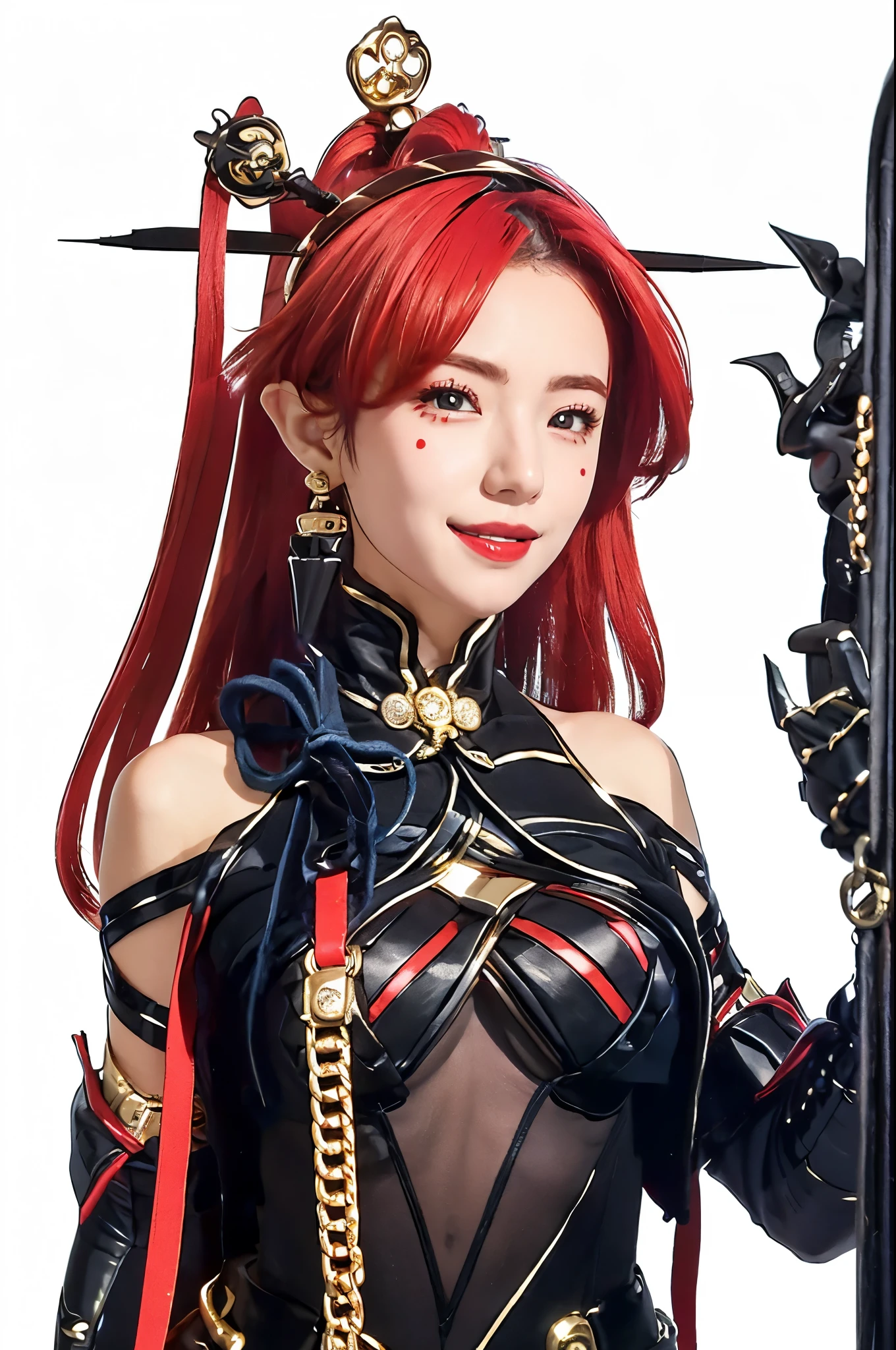 best quality, masterpiece, yinlin, hair stick ornament, hairband, earring, black and red dress, gold chain, looking at viewer, smile, teeth, upper body, hand up, electricity, claws, white background,