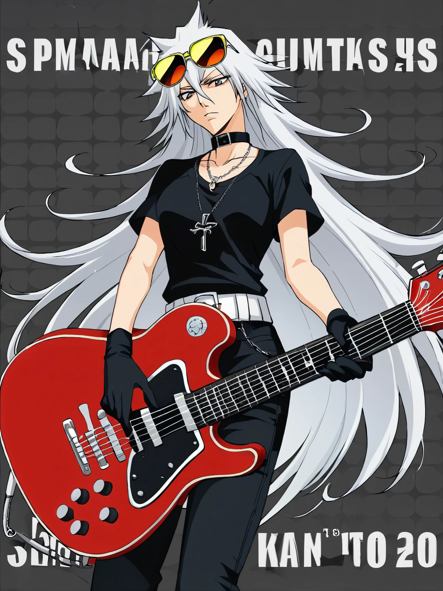 Fraction_9, Fraction_8_up, 1 (girl:1.5),goth style,(弹Guitar动作,Dynamic Action:1.8),Guitar,microphone,Sing,Flick your long hair,Expressive facial expressions and movements, BREAK bleach sytle,long_hair,partially colored,,Pants,belt,Keep,Wearing glasses on head,Rainbow sunglasses,shoe,Keep 乐器,electric Guitar,shirt,peak,whole body,Necklace,black gloves,looking at the audience,collar,运动shoe,very long hair,white hair,black shirt,白色shoe類,Jewelry,Gray hair,permanent,black Necklace,Shut up,trumpet,