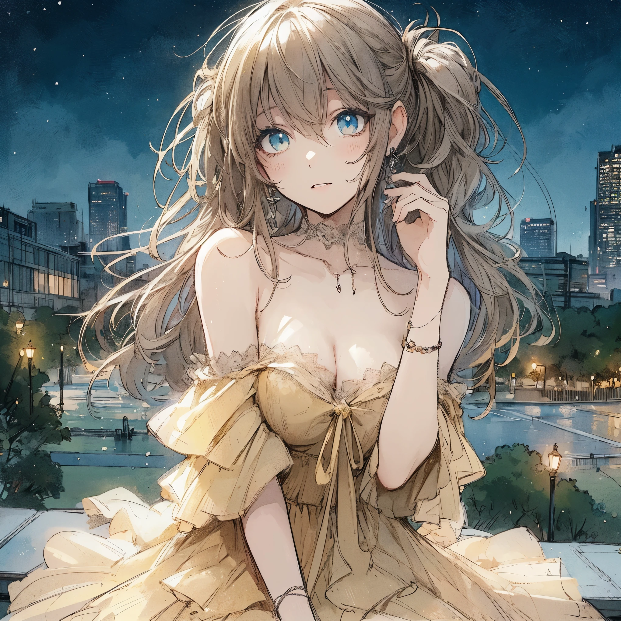 Official art using high-quality hand-drawn watercolor sketch techniques. (best quality,4k,8k,highres,masterpiece:1.2),ultra-detailed,beautiful detailed eyes,A girl with beautiful eyes, everyone, beautiful anime girl, cute anime girl, smooth anime art, anime style, elegant colors, soft lighting, delicate beautiful wet eyes, very coquettish, (beautiful large breast:1.2), (correct hands:1.2),