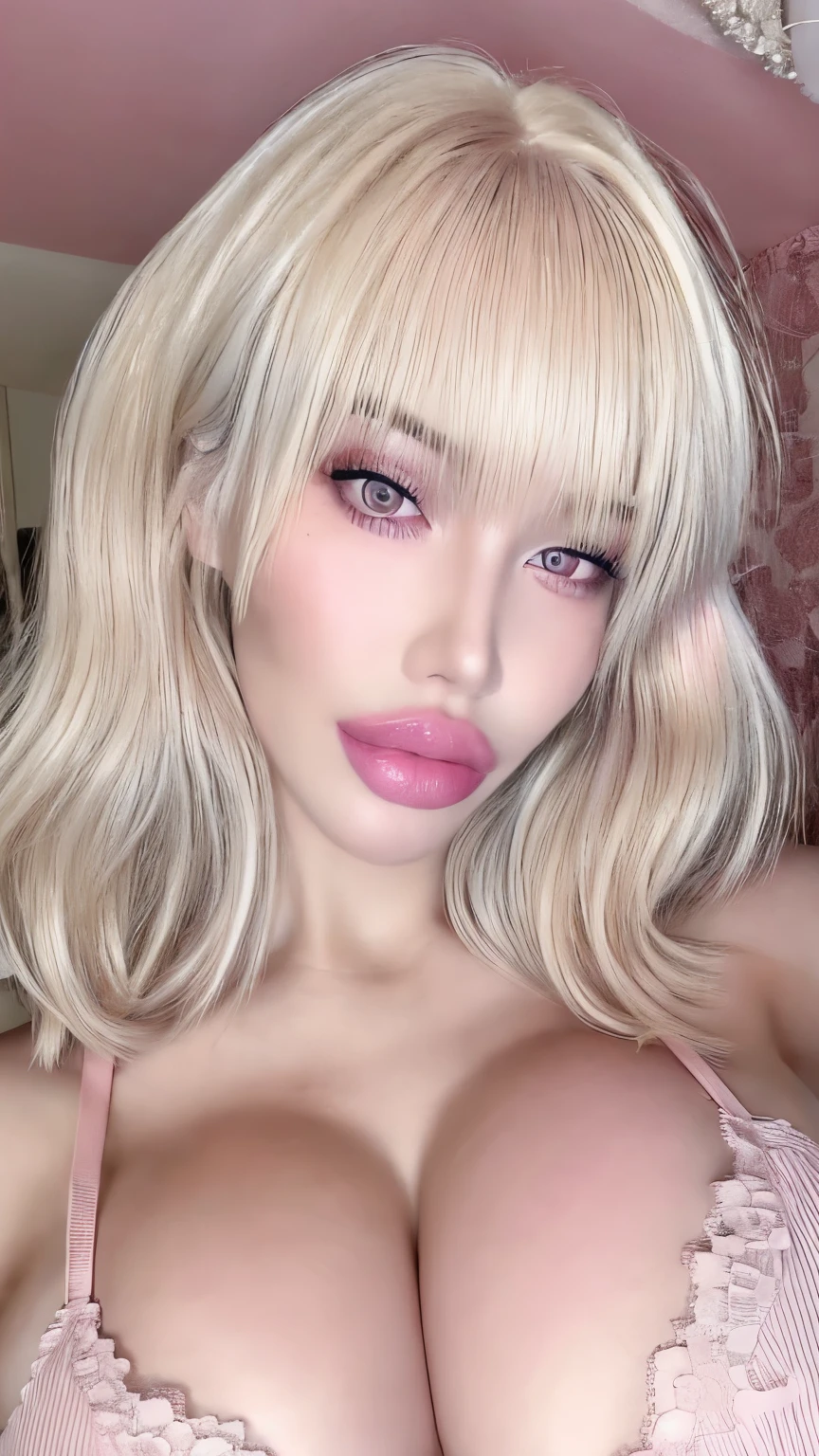 1girl, solo, messy hair, short hair, perfect eyes, detailed eyes, big breasts, indoors, highly detailed portrait, bimbo, bimbolips, pink lace bra, pale skin, pink lips, pink lipstick, blonde, blonde hair, wispy bangs