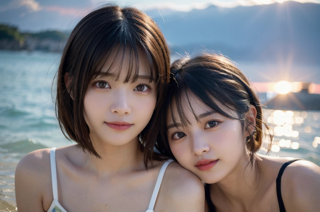 8k、Two beautiful girls, 15 and 18 years old,,(Photorealistic:1.2), (highest quality), (Detailed skin:1.3), (Intricate details), Ray Tracing,Two Girls, In detail,real,RAW Photos & Realistic atmosphere,、Beautiful, shining lips, Detailed face、Cheek to cheek, in the sea、Strong winds (highest quality,masterpiece:1.3,Ultra-high resolution),(Very detailed,Caustics,8k),(Realistic:1.4,RAW shooting), In detail,real,Scattered beneath the surface,(blush:0.5), Detailed skin texture,Japanese,cute,Black long and short hair,Looking at the camera,Collarbone Bare Skin,Shoulder Bare Skin,(Face Focus:1.1),(Face close-up:1.1),Sunset,Natural light