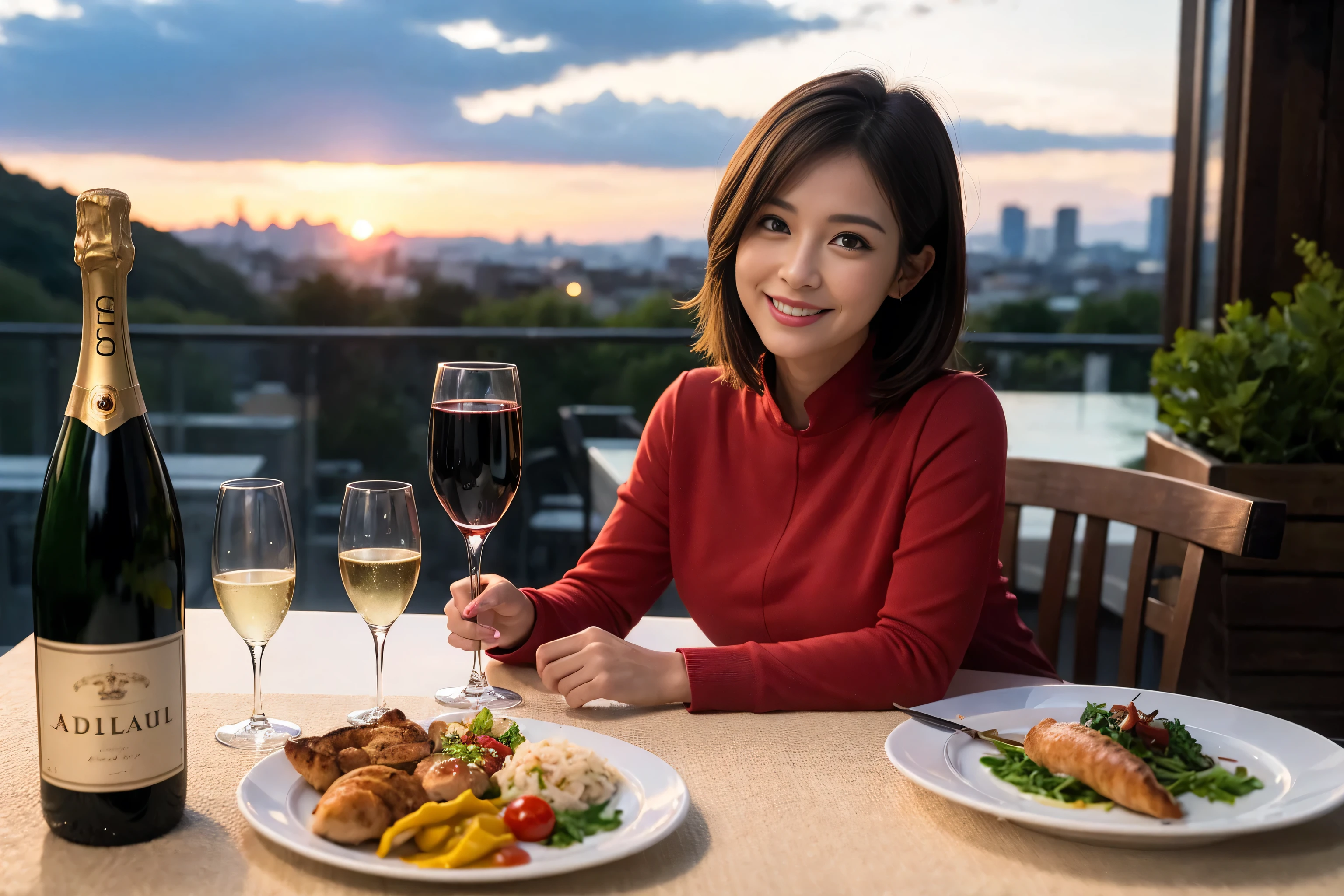 ((Highest quality、8K、masterpiece:1.3))、slimカップル、modelカップル、(Realistic, Intricate details:1.2), full-course dinner、Wine Party、Amazing view of the sunset sky and clouds、A bright smile、The wonderfulness of smile、Bright image、The beauty of wine, Beautiful Face, blue eyes, The light shines on your face, Blushing, short hair,Bright Face、42 years old), 39 years old, red wine 、Appetizers、Italian food、Wine bottle、Champagne、sparkling wine、Two beauties、Brown Hair、Shortcuts、Long sleeve shirt、dress、Beautiful woman 1, (slimな顔), (The body is slim), (Brown Hair), (Shortcuts), cheeks turn a little red,Attractive beauty、restaurant, In a prominent place (From the waist up) Nova Frog Style, actress, model, Upper Body, White wine, slim, wine glass, 中央に置かれたwine glass, smile, (smile: 1.15), Beautiful fine grain, Depth f/2,saturation, High Contrast, Strong light and shadow,Moist Body:1.5、3D texture、Delicate eyes、Brown Hair、The hair is very shiny、