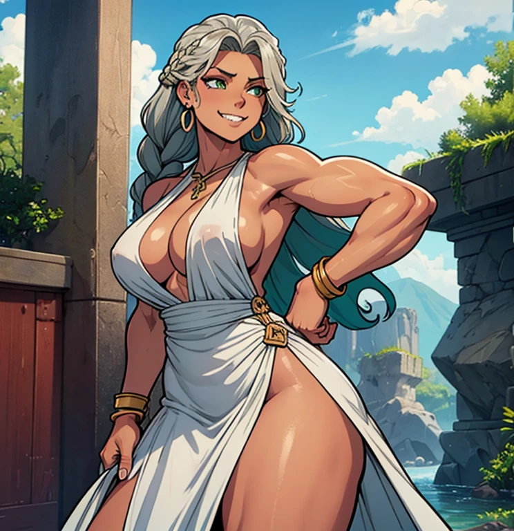 Muscular,women,gray hair,brown skin,Lazio hair, a braid over the shoulder, green eyes Wedding dress,,long dress,An exposed leg,Marked breasts, veilSharp teeth,smile,Bracelet on left hand ,solo,breasts,earrings,bay,Wedding in the bay,sideboob