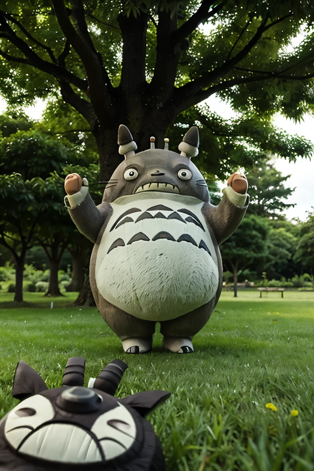 Totoro dancing in the grass with trees and a music system playing music