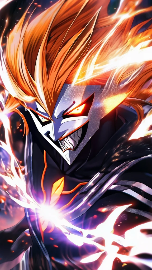 Ichigo-Kuroski Character ((Male)) , Orange Hair Ichigo Bleach style , One (( Samurai)) Bankai sword, Black Eyes , (( CUTE )) , Only One Character , (( Focus on a Character )) , Digital Anime combat Pose, Powerful , Beautiful Man , large black Sword, multidimensional geometric wall PORTRAIT, arte, Chibi, Yang08k, lindo, Colouring, Primary works, qualidade superior, melhor qualidade, Arte Oficial, Beautiful and Aesthetic, varied multi etc. --v 6 --s 1000 --c 20 --q 20 --chaos 100