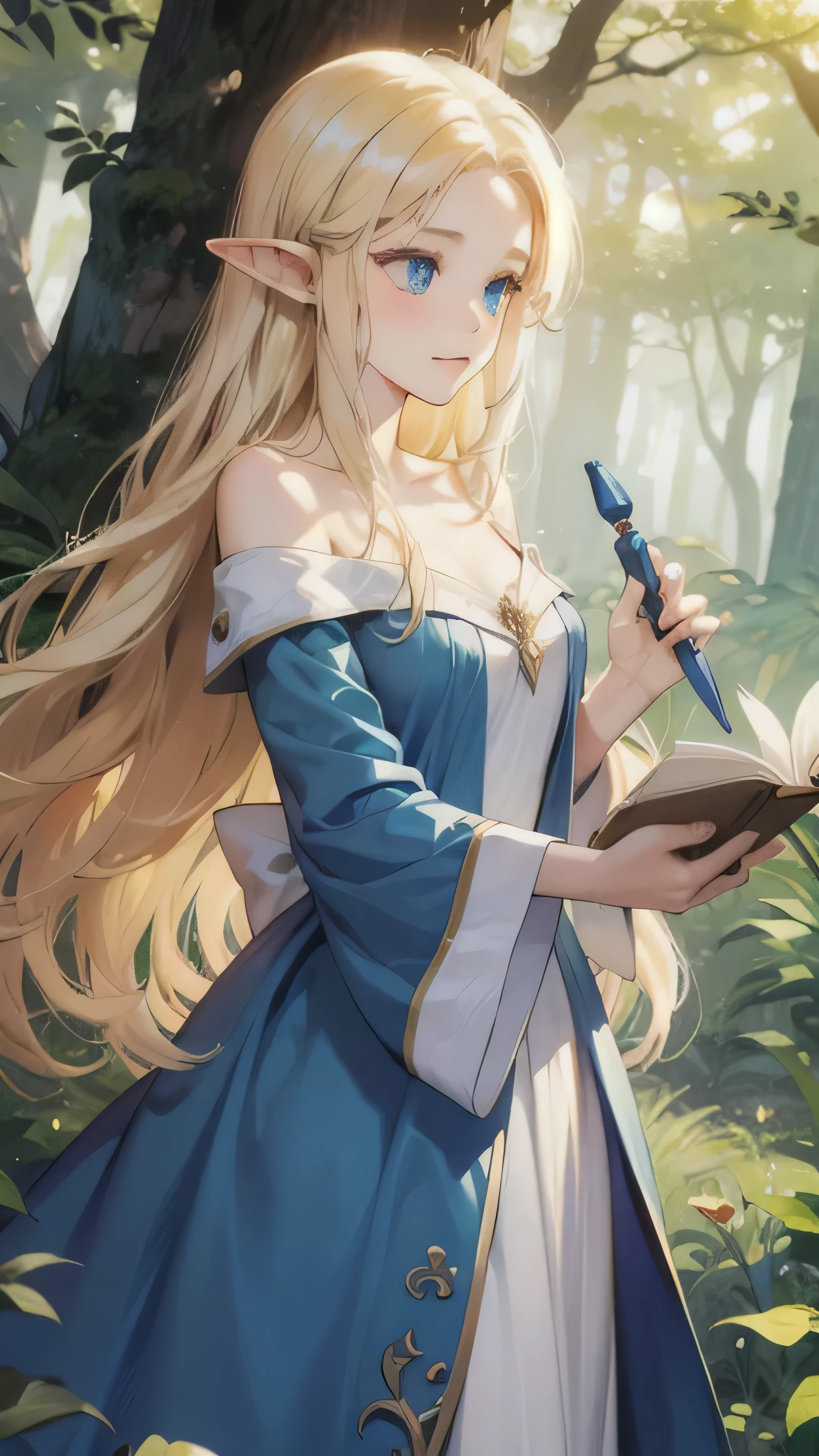 Nude elf girl, blonde long hair, blue eyes, blue dress, having a magic wand and magic book, in woods