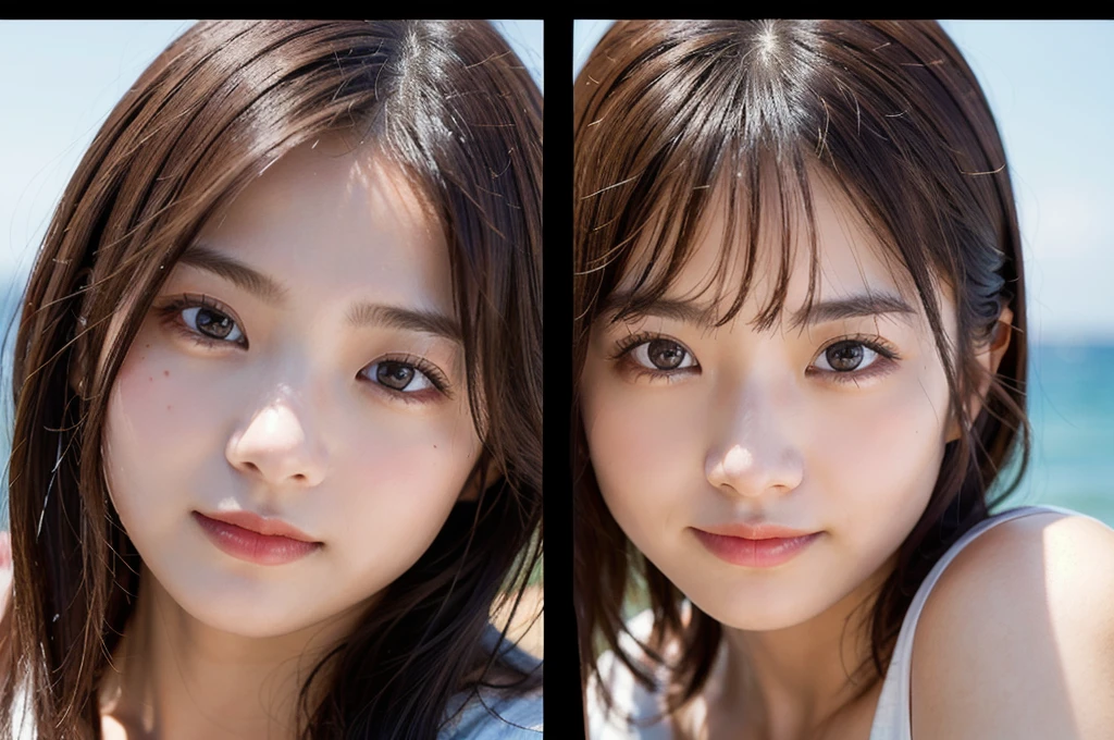 8k、Two beautiful girls, 15 and 18 years old,Kissing Face,Rembrandt Lighting,(Photorealistic:1.2), (highest quality), (Detailed skin:1.3), (Intricate details), Ray Tracing,Two Girls, In detail,real,RAW Photos & Realistic atmosphere,、Beautiful, shining lips, Detailed face、Cheek to cheek, in the sea、Strong winds (highest quality,masterpiece:1.3,Ultra-high resolution),(Very detailed,Caustics,8k),(Realistic:1.4,RAW shooting), In detail,real,Scattered beneath the surface,(blush:0.5), Detailed skin texture,Japanese,cute,Black long and short hair,Looking at the camera,Collarbone Bare Skin,Shoulder Bare Skin,(Face Focus:1.1),(Face close-up:1.1),Sunset,Natural light