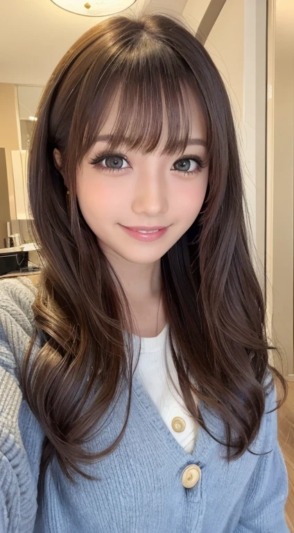 ((Selfie 1.6))((smile1.6))、the front、close - up face、Wavy Hair｟Looking at the camera｠A dark-haired、With bangs、Best Quality, masuter piece, 超A high resolution, (Photorealistic:1.4), Raw photo, high-level image quality, high-detail, ​masterpiece、a 18 year old girl、In the apartment