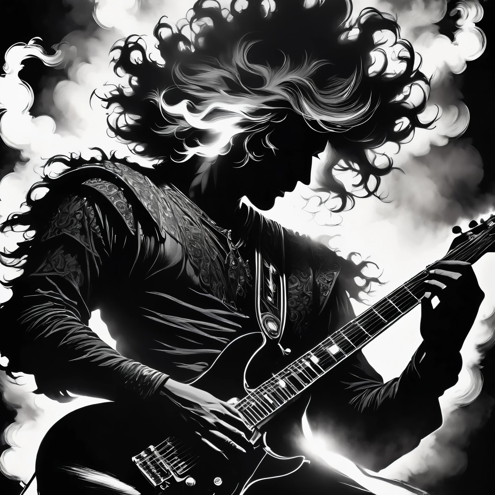 Illustration of guitarist, silhouette of male guitarist in his 50s, long hair, perm, backlit by intense lighting behind the stage, on a huge outdoor stage, very thick brush, Edge: 1.5, dark fantasy, light and shadow, black and white, contrast, high detail, intricate detailed, BREAK Smoke: 1.6, backlit, artistic smoke