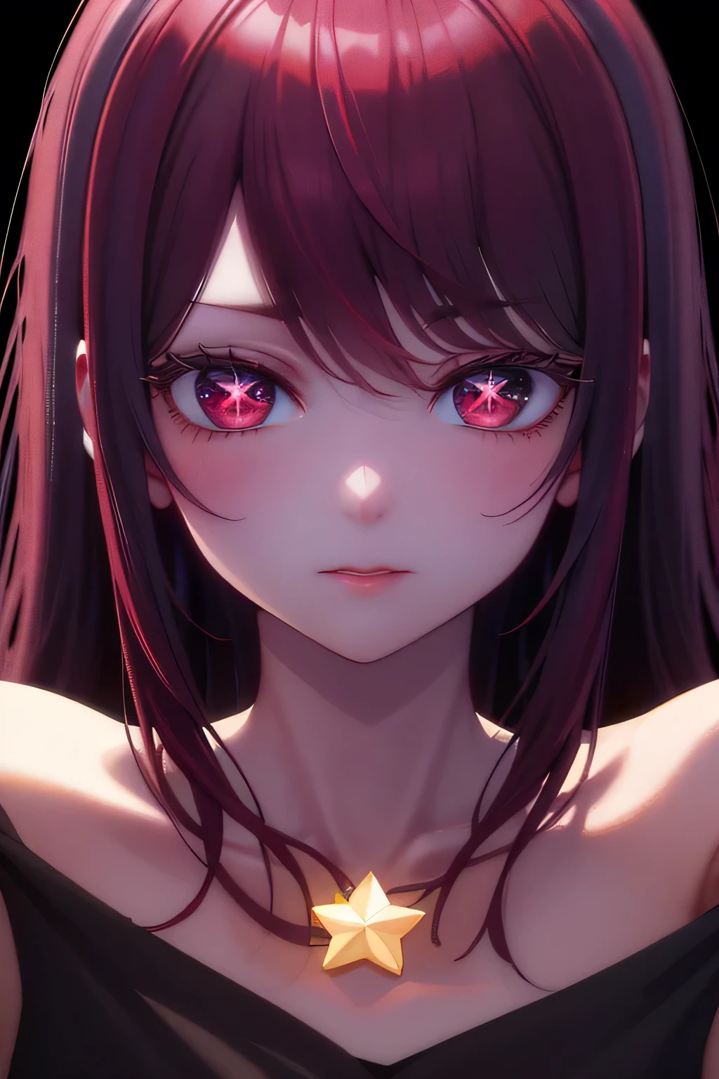 1girl, star eye, blush, perfect illumination, red hair, red eyes, unreal engine, sidelighting, detailed face, bangs, bright skin, simple background, dark background,