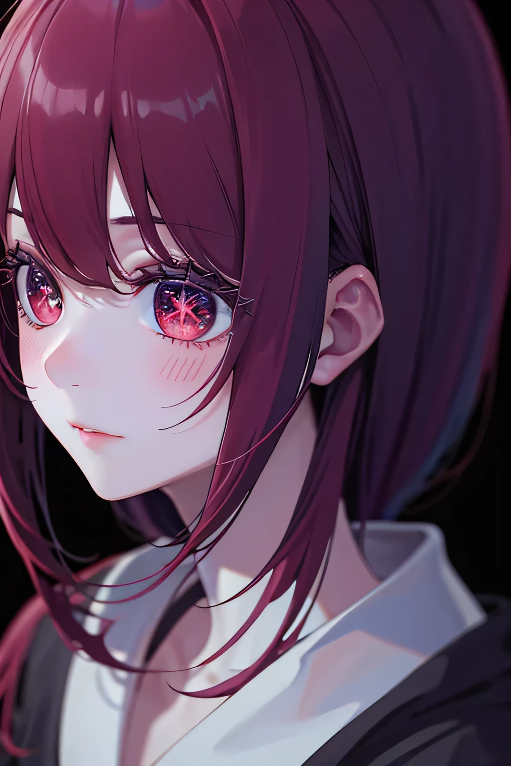 1girl, star eye, blush, perfect illumination, red hair, red eyes, unreal engine, sidelighting, detailed face, bangs, bright skin, simple background, dark background,