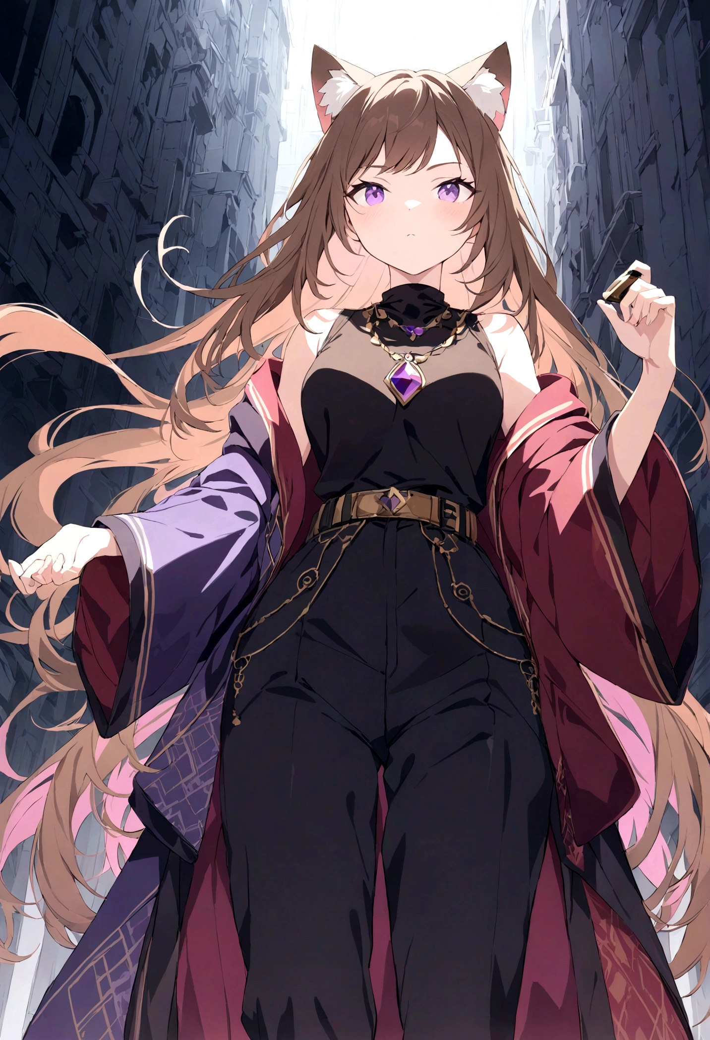 (1girl, Masterpiece, best quality) A young adult female character with long, brown hair featuring lighter streaks, styled in loose waves. She has striking purple eyes and a confident, slightly defiant expression. She has distinctive cat-like ears, brown with pink inner fur. She wears a black form-fitting top adorned with gold and red accents, including intricate patterns. Over this, she has a purple cloak with wide sleeves and gold detailing. The same style as outfit has pants and boots. Accessories include a purple gemstone necklace and a belt. The character is depicted in a dynamic low-angle shot, giving a sense of power and movement. The background is abstract with a gradient from dark to light hues, adding depth and emphasizing the character. The lighting is warm and dramatic, with strong highlights and shadows enhancing the overall design.