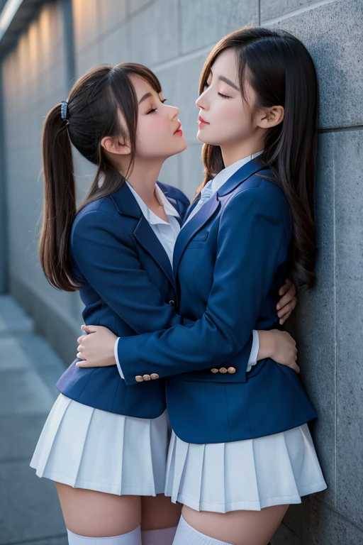 Ultra-high resolution,Professional Lighting,highest quality,masterpiece,Two girls hugging each other and kissing passionately at night by the wall behind the school building,Blue blazer and grey pleated micro mini skirt,white thigh high stockings,Close ~ eyes,Body to Body,Touching each other's breasts,entangle your legs,Hug each other strongly,Supermodel,Beautiful buttocks,Beautiful feet,Perfect beauty,Shiny long hair,Overflowing sex appeal,Very delicate skin texture,Browsing Caution
