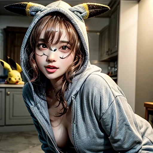 (Girl in ((Yellow)) Pikachu hood), (naked hoodie, hood loosely open) . masterpiece 8K best quality, (RAW PhotoRealistic HyperRealism:1.37) Ultra-detailed, (Acutance:0.85), VolumetricLighting, (Studio) gray background with (Blurred colorful Lights dazzling bokeH:1.28), { (Overflowing Gigantic Cleavage;1.2) | (Golden ray illuminating face) | (Photon Particles:0.95) } . BREAK . (((Extremely detailed KAWAII face))), perfect anatomy, Childish, CaptivatingGaze, Elaborate detailed Eyes with (Sparkling Highlights:1.28), Beautifull Pupils, (Voluminous Long Eyelashes:0.88)、Glossy Lips, Rosy Cheeks, (Flawless FineSkin, Radiant PearlSkin with Transparency) . { (joyful expressions:1.28) | (:d) }, (Large eyes:-1) . ((leaning forward))