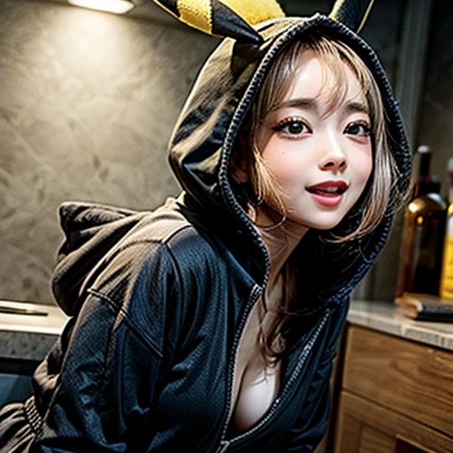(Girl in ((Yellow)) Pikachu hood), ( hoodie, hood loosely open) . masterpiece 8K best quality, (RAW PhotoRealistic HyperRealism:1.37) Ultra-detailed, (Acutance:0.85), VolumetricLighting, (Studio) gray background with (Blurred colorful Lights dazzling bokeH:1.28), { (Overflowing Gigantic Cleav | (Golden ray illuminating face) | (Photon Particles:0.95) } . BREAK . (((Extremely detailed KAWAII face))), perfect anatomy, Childish, CapingGaze, Elaborate detailed Eyes with (Sparkling Highlights:1.28), Beautifull Pupils, (Voluminous Long Eyelashes:0.88)、Glossy Lips, Rosy Cheeks, (Flawless FineSkin, Radiant PearlSkin with Transparency) . { (joyful expressions:1.28) | (:d) }, (Large eyes:-1) . ((leaning forward))