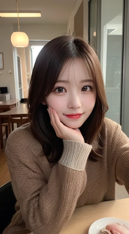 Tabletop, highest quality, figure, Super detailed, In detail, High resolution, 8k wallpaper, Perfect dynamic composition, Beautiful fine details, Winter clothes,Medium Hair,small ,Natural color lip, room、20-year-old girl、cute、Give the camera a sexy look,Ecstatic face,Blur the background,Selfie