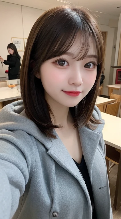 Tabletop, highest quality, figure, Super detailed, In detail, High resolution, 8k wallpaper, Perfect dynamic composition, Beautiful fine details, Winter clothes,Medium Hair,small ,Natural color lip, room、20-year-old girl、cute、Give the camera a sexy look,Ecstatic face,Blur the background,Selfie