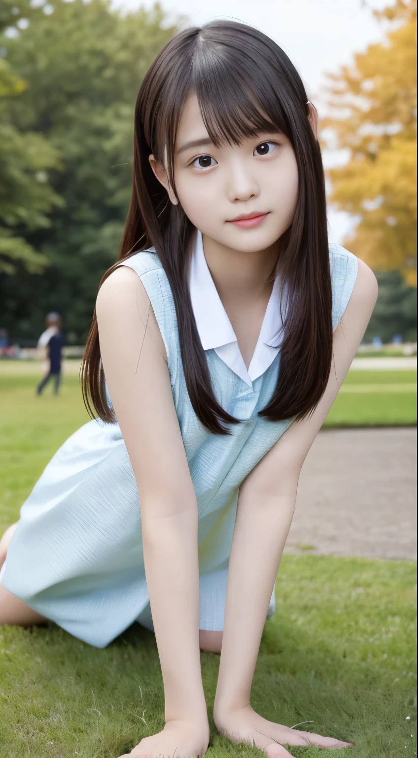 Photo quality,Masterpiece,Realistic,( cute Japanese girl:1.9),(Detailed young face:1.9),(Very embarrassed look:1.9),(Thin legs:1.9),(On all fours,Wear a Chinese dress:1.9),(Posing to seduce men in the park,Inner thigh visible:1.9),((Droopy eyes:1.9)),((Body type of a 16 year old Tits:1.9)),(Cute school girl hairstyle:1.9),((Skinny Legs)),Very pale skin,Show your forehead,Detailed body,Detailed hands,No makeup