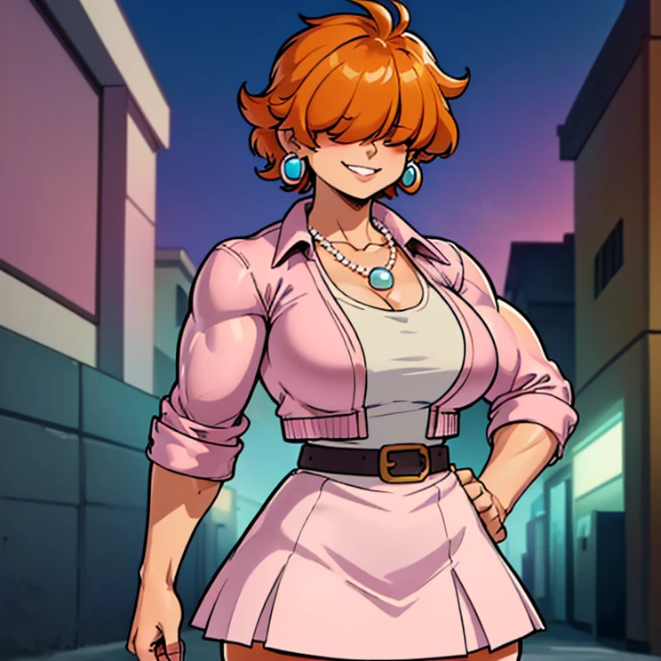 ,High quality,Female ,((hair covering eyes,fluffy hair,short hair,Teeth,smiling,(muscular,breasts),solo,orange hair,toned,Earrings,2 arms, Pearl Necklace,skirt,belt,in a street,pink jacket,legs,boobs windows