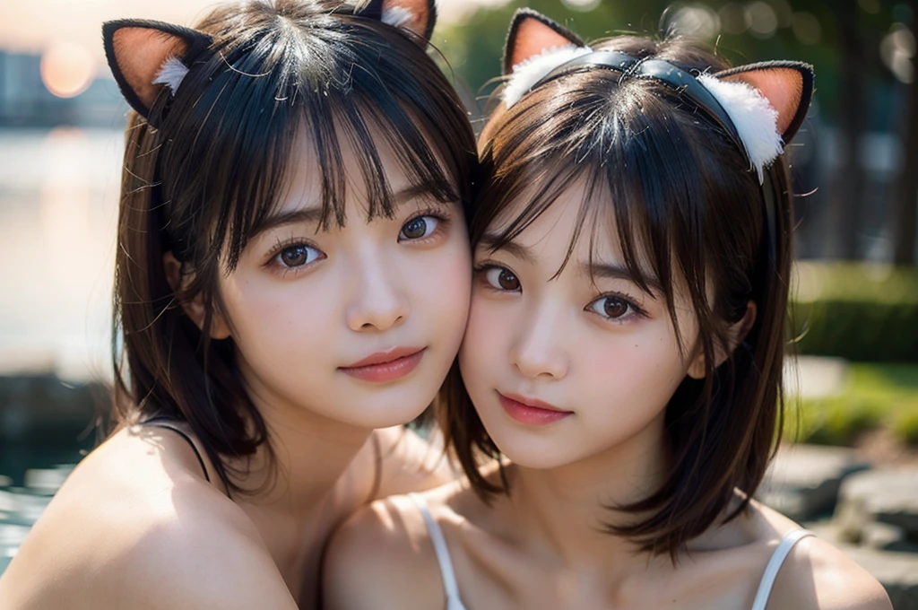 8k、Two beautiful girls, 15 and 18 years old,Kissing Face,Rembrandt Lighting,(Photorealistic:1.2), (highest quality), (Detailed skin:1.3), (Intricate details), Ray Tracing,Two Girls, In detail,real,RAW Photos & Realistic atmosphere,、Beautiful, shining lips, Detailed face、Cheek to cheek, in the sea、Strong winds (highest quality,masterpiece:1.3,Ultra-high resolution),(Very detailed,Caustics,8k),(Realistic:1.4,RAW shooting), In detail,real,Scattered beneath the surface,(blush:0.5), Detailed skin texture,Japanese,cute,Cat ears headband,Black long and short hair,Looking at the camera,Collarbone Bare Skin,Shoulder Bare Skin,(Face Focus:1.1),(Face close-up:1.1),Sunset,Natural light