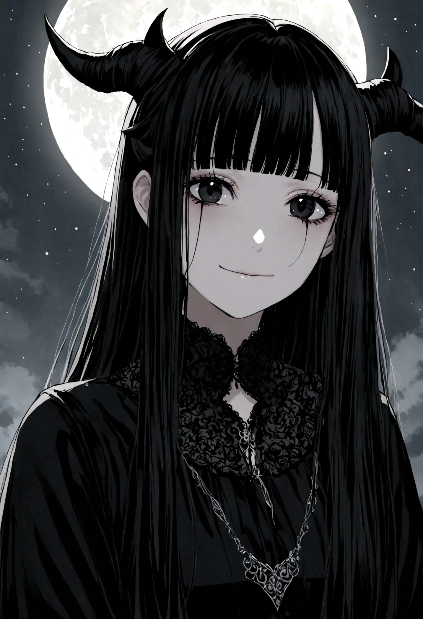 uma garota de cabelo curto em destaque ao centro, cabelo na cor preta, black eyes and a pair of small horns on its head that reflect the moonlight, your face with a smiling expression while crying, her outfit a simple gothic dress.