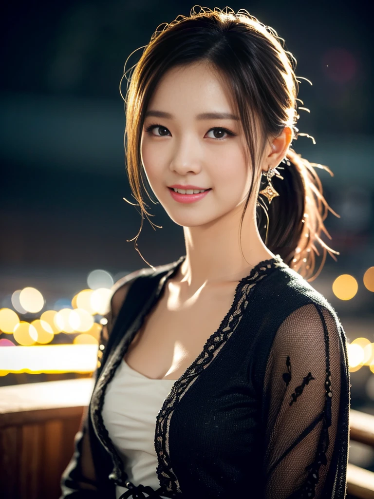 a gorgeous lady in a Bow Front Flounce Sleeve 2-in-1 Dress, standing under night sky, dimpled smile, short ponytail, in a natural pose, photorealistic, beautiful detailed eyes, beautiful detailed lips, extremely detailed eyes and face, long eyelashes, hyper-realism, high contrast, ultra HD, realistic skin textures, top image quality, top-quality, super high resolution, fine details, very meticulously, bokeh background, dramatic lighting, cinematic composition, ethereal atmosphere, vibrant colors, cinematic colors