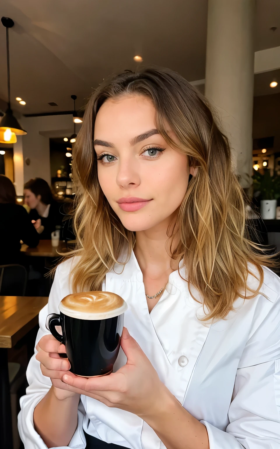 Jolie belle blonde avec un pull jaune (Drinking coffee in a modern cafe at sunset), very detailed, 14 ans, visage innocent, naturally wavy hair, yeux bleus, high resolution, Chef-d&#39;artwork, Best quality, Intricate details, very detailed, Sharpness, detailed skin, Realistice Hauttextur, texture, detailed eyes, professionnel, 4k, Sourire charmant, prise avec Canon, 85 millimeters, Light depth of field, Kodak Vision Couleur, corps parfaitement ajusté, Extremely detailed, Photo_\(ultra\), fotoRealistic, Realistic, post-traitement, Maximum details, roughness, vrai vie, ultraRealistic, Photorealismus, Photografie, 8K UHD, Photografie