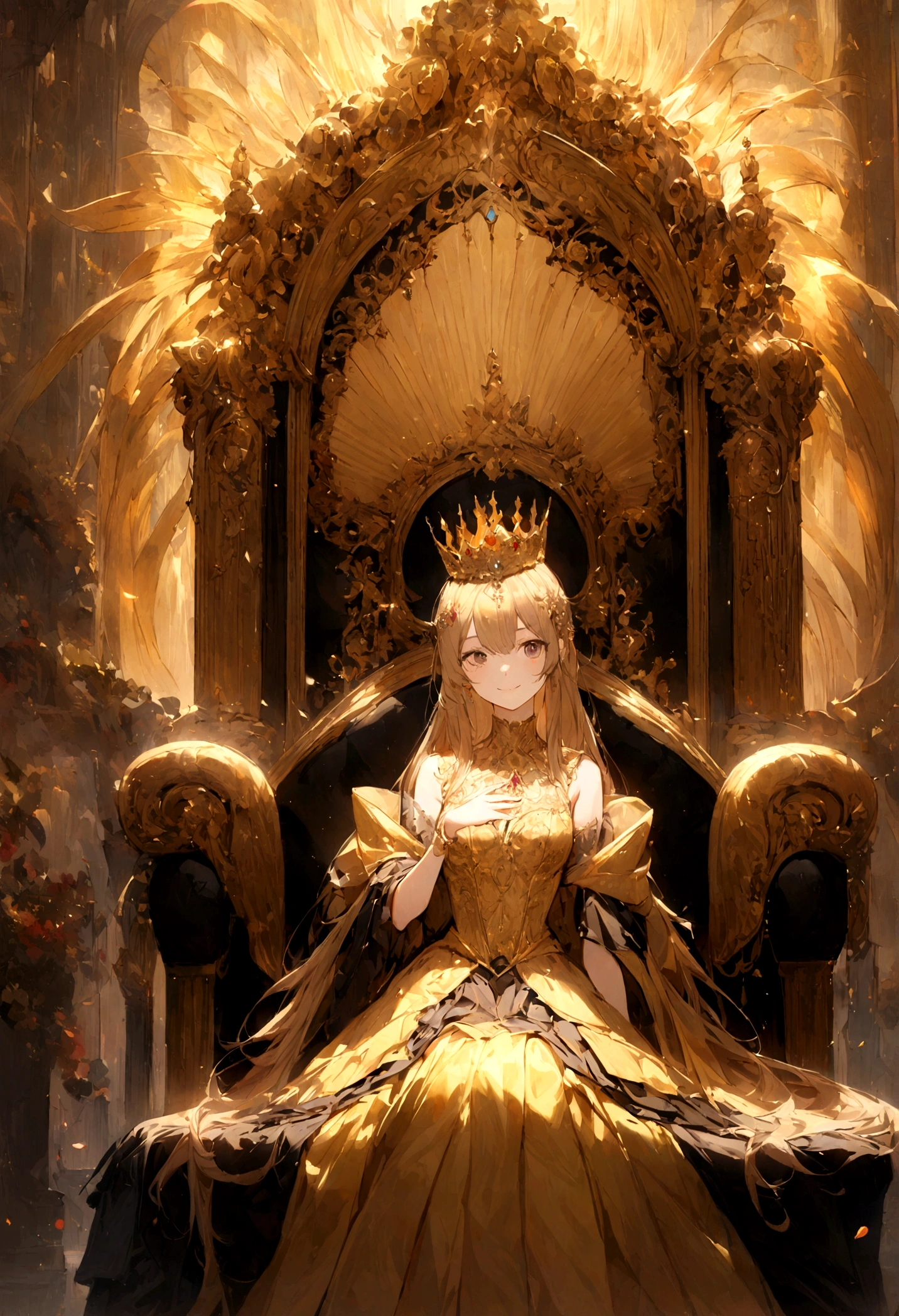 Here's an English prompt based on the image you provided:
"A regal woman seated on a golden throne, wearing an intricately designed golden dress and crown. She exudes an aura of power and majesty, with her golden hair flowing and adorned with elegant jewelry. The background features ornate golden pillars and a warm, glowing light, enhancing the royal and opulent atmosphere."Japanese high school girl with a gal style face, cute, smiling."