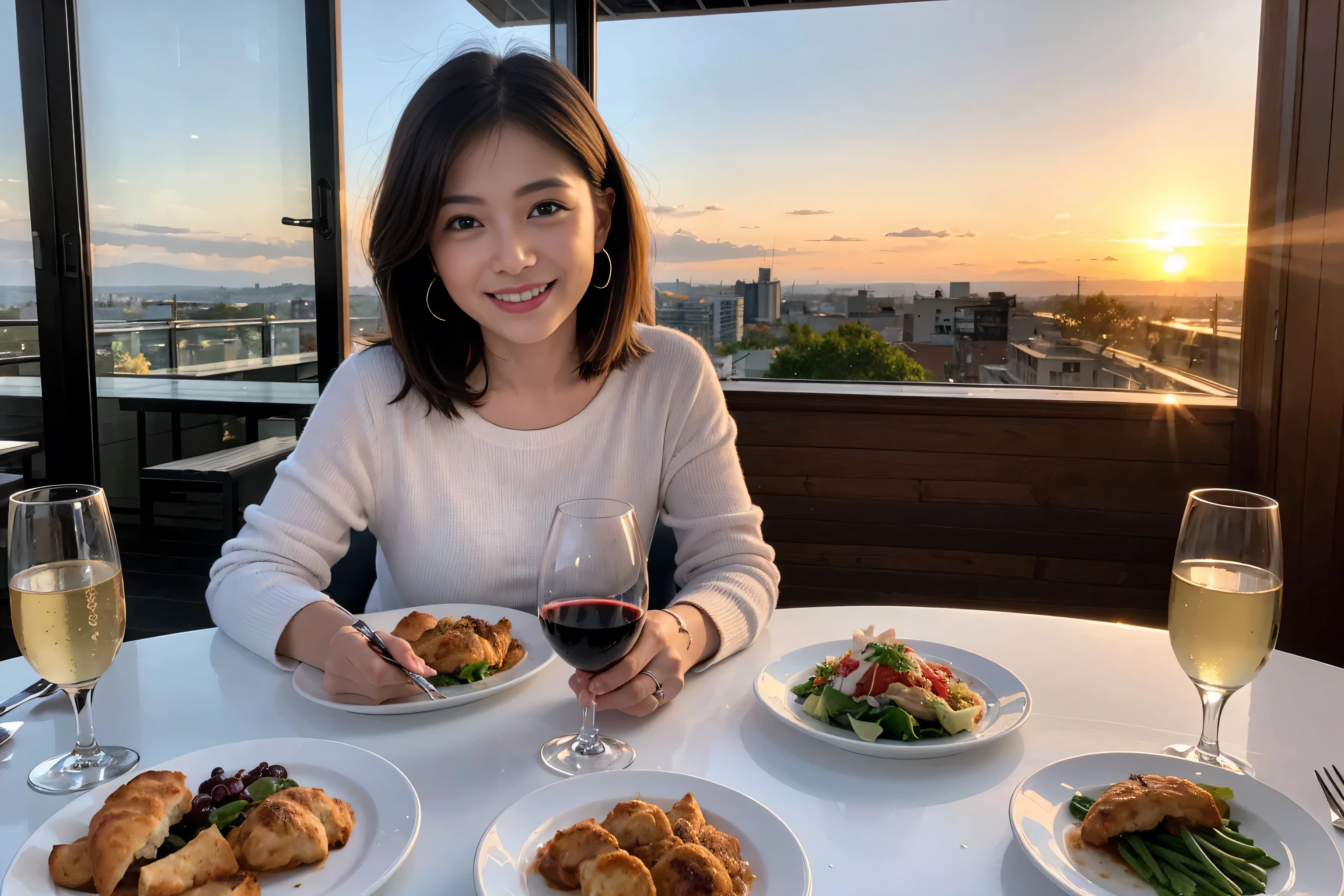 ((highest quality、8k、masterpiece:1.3))、A lover who resembles Alice Hirose、Beautiful couple、smile、full-course dinner、 (Slim face), (the body is スリム), (Brown Hair), (Short Hair), Wine glasses on the table、Amazing view of the sunset sky and clouds、 (Age 44), 39 years old, red wine 、Appetizers、Italian food、Wine bottle、Champagne、sparkling wine、Long sleeve shirt、dress、White wine, red wine,
