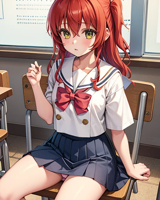 One girl,(cuneiform:1),kita ikuyo, Redhead, Sailor suit、mini skirt、Thighs、Sit on a chair、Panty shot、Cute Panties、classroom、Cowboy Shot