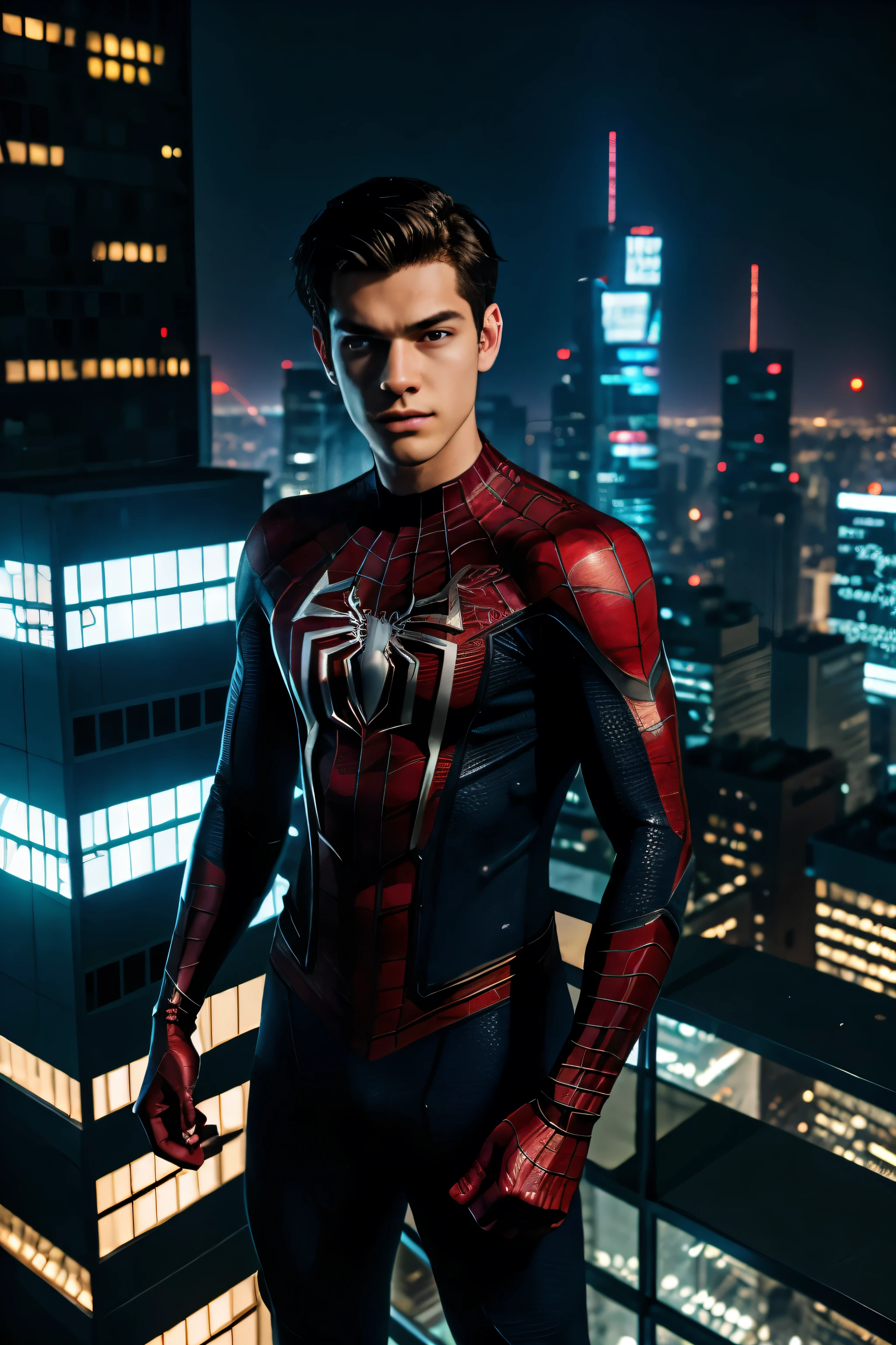 a young spiderman superhero boy standing on top of a city building, lighting, cyberpunk style, cool, wide angle