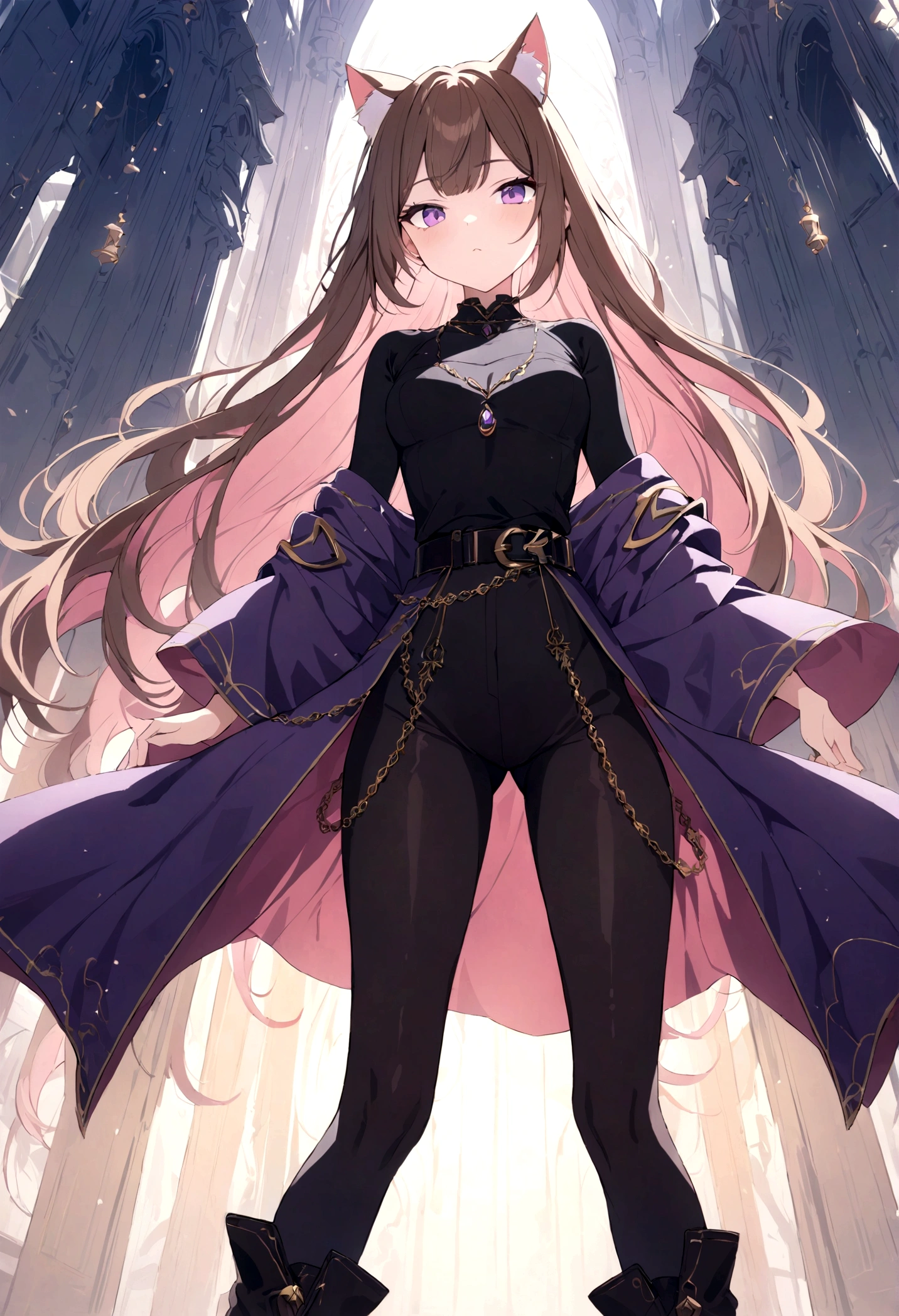 (1girl, Masterpiece, best quality) A young adult female character with long, brown hair featuring lighter streaks, styled in loose waves. She has striking purple eyes and a confident, slightly defiant expression. She has distinctive cat-like ears, brown with pink inner fur. She wears a black medieval style form-fitting top adorned with gold and red accents, including intricate patterns. Over this, she has a purple cloak with wide sleeves and gold detailing. The same style as outfit has pants and boots. Accessories include a purple gemstone necklace and a belt. The character is depicted in a dynamic low-angle shot, giving a sense of power and movement. The background is abstract with a gradient from dark to light hues, adding depth and emphasizing the character. The lighting is warm and dramatic, with strong highlights and shadows enhancing the overall design.