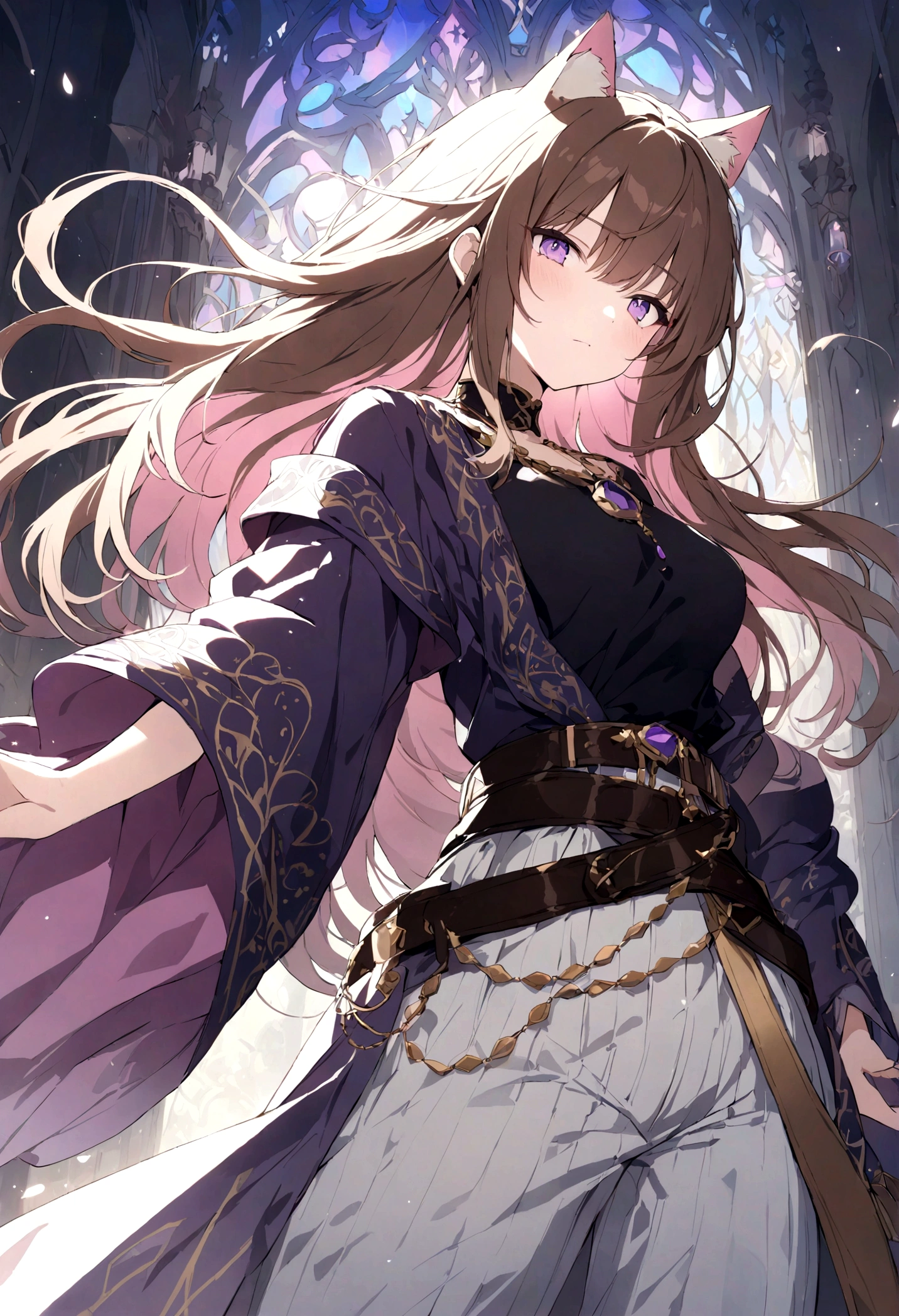 (1girl, Masterpiece, best quality) A young adult female character with long, brown hair featuring lighter streaks, styled in loose waves. She has striking purple eyes and a confident, slightly defiant expression. She has distinctive cat-like ears, brown with pink inner fur. She wears a black medieval style form-fitting top adorned with gold and red accents, including intricate patterns. Over this, she has a purple cloak with wide sleeves and gold detailing. The same style as outfit has pants and boots. Accessories include a purple gemstone necklace and a belt. The character is depicted in a dynamic low-angle shot, giving a sense of power and movement. The background is abstract with a gradient from dark to light hues, adding depth and emphasizing the character. The lighting is warm and dramatic, with strong highlights and shadows enhancing the overall design.