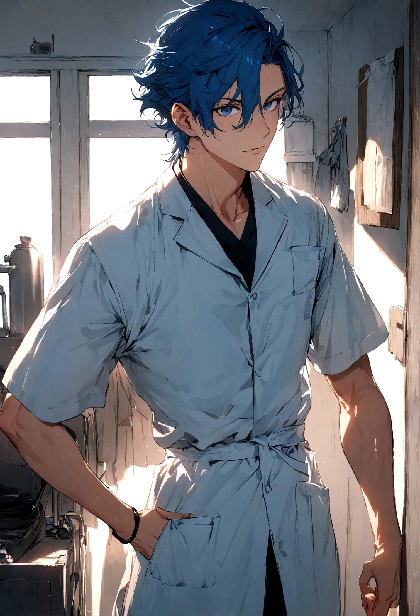 short blue hair male, dark blue eyes, doctor's outfit, cool