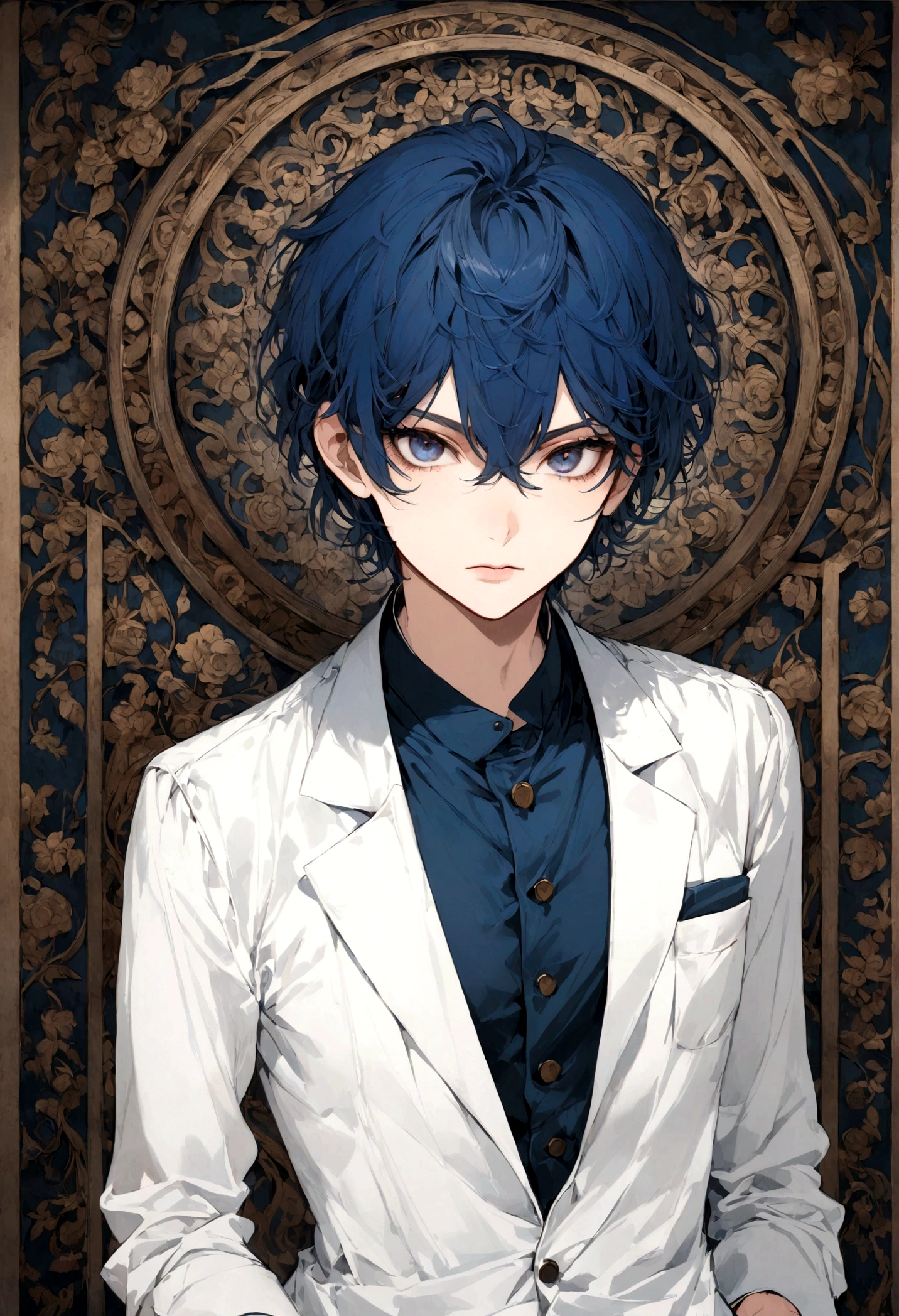 short blue hair male, dark blue eyes, doctor's outfit, cool