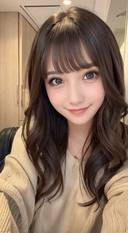((Selfie 1.6))((smile1.6))、the front、close - up face、Wavy Hair⦅Looking at the camera⦆A dark-haired、With bangs、Best Quality, masuter piece, 超A high resolution, (Photorealistic:1.4), Raw photo, high-level image quality, high-detail, masterpiece、a 18 year old girl、In the apartment